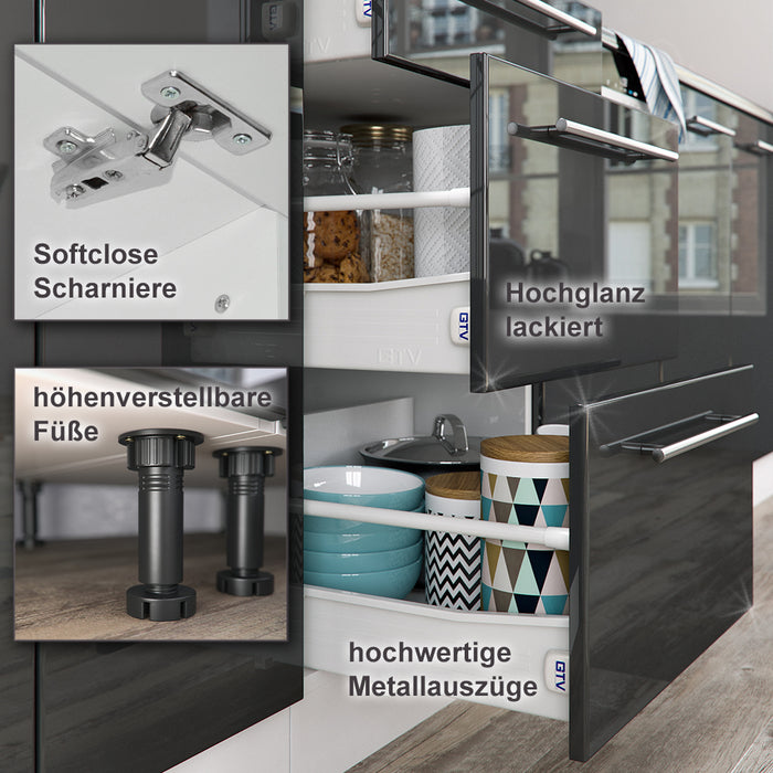 Vicco Cucina componibile Antracite 300 cm con armadio alto, senza piano di lavoro