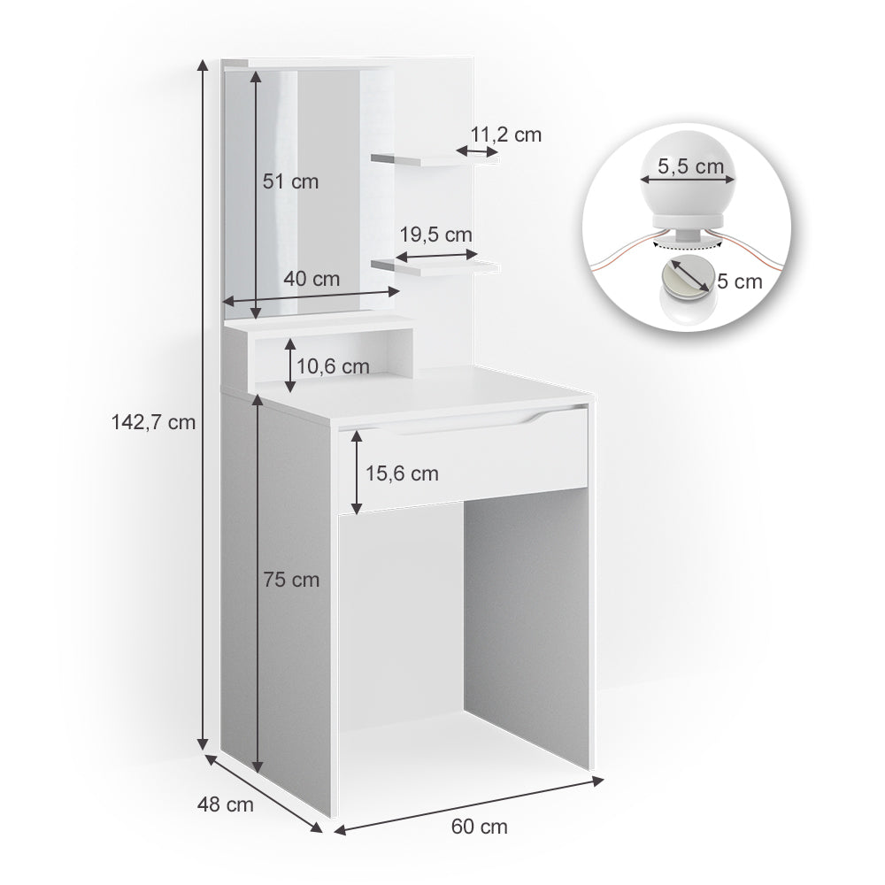 Vicco Tavolo da toeletta Bianco 60 cm con illuminazione a LED
