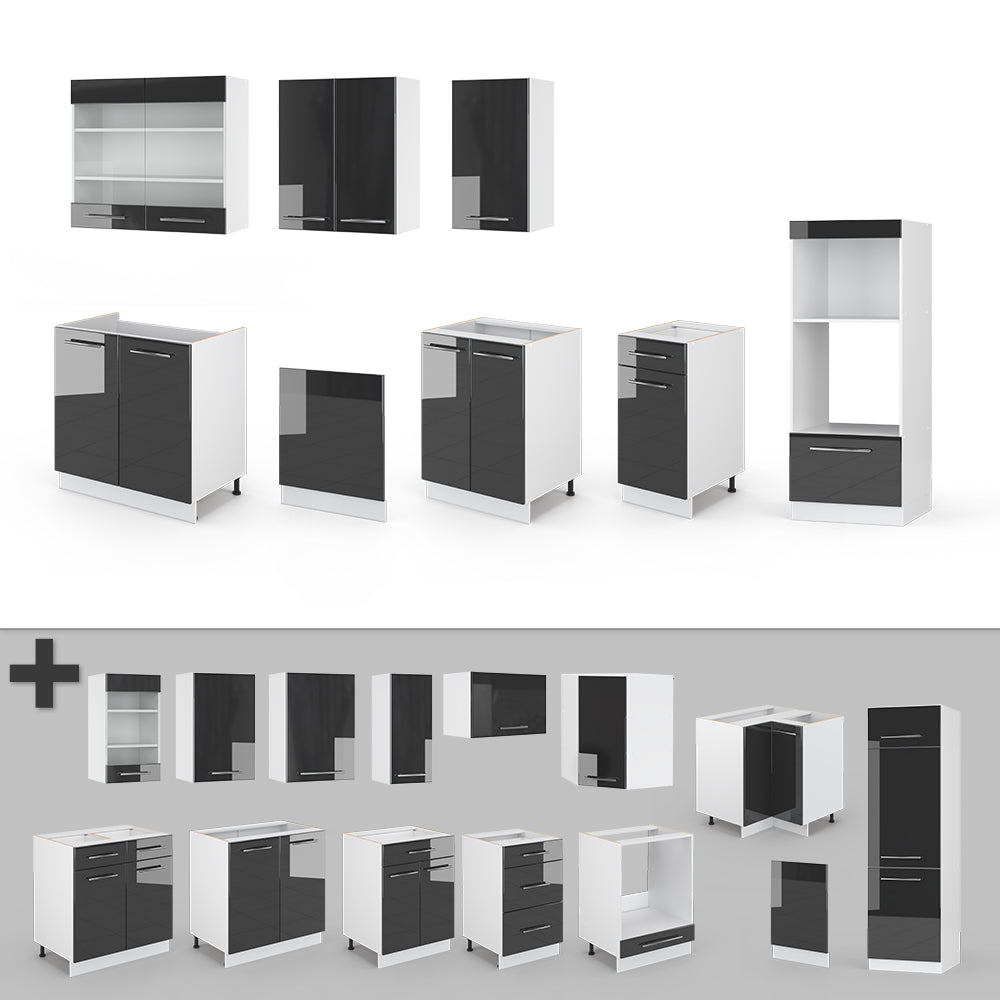 Vicco Cucina componibile Antracite lucido/bianco 300 cm con armadio alto, PL Marmo