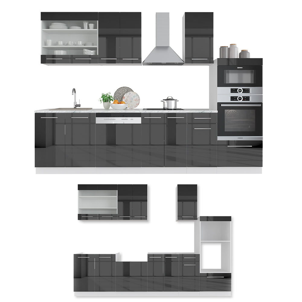 Vicco Cucina componibile Antracite lucido/bianco 300 cm con armadio alto, PL Rovere