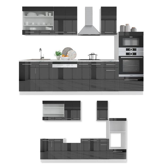 Vicco Cucina componibile Antracite lucido/bianco 300 cm con armadio alto, PL Rovere
