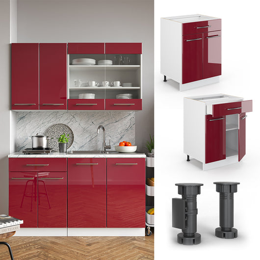 Vicco Mobiletto base per cucina Rosso bordeaux lucido 60 cm con cassetto, PL Marmo