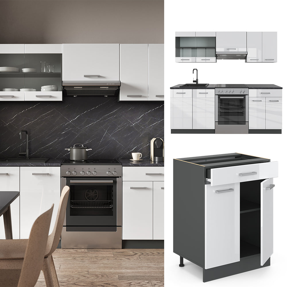 Vicco Cucina componibile Bianco lucido/antracite 200 cm , PL Marmo