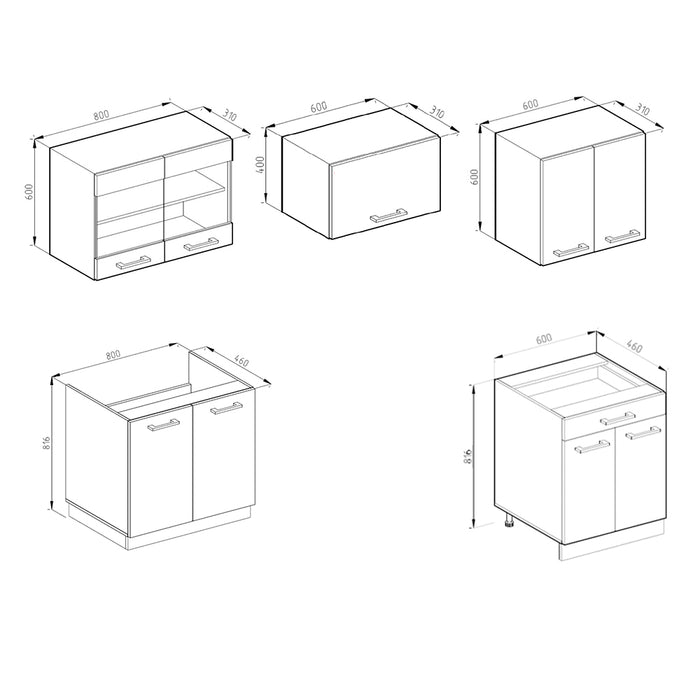 Vicco Cucina componibile Bianco lucido/antracite 200 cm senza piano di lavoro
