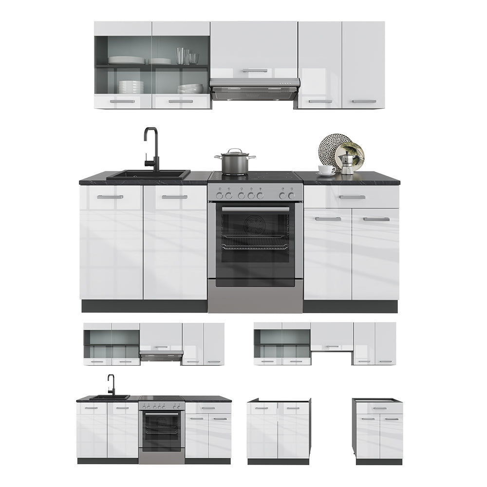 Vicco Cucina componibile Bianco lucido/antracite 200 cm senza piano di lavoro