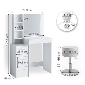 Vicco Tavolo da toeletta Bianco 40 cm con illuminazione LED e sgabello