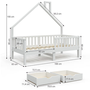 Vitalispa Letto montessori bambini Bianco 80x160 cm con 2 cassetti e materasso