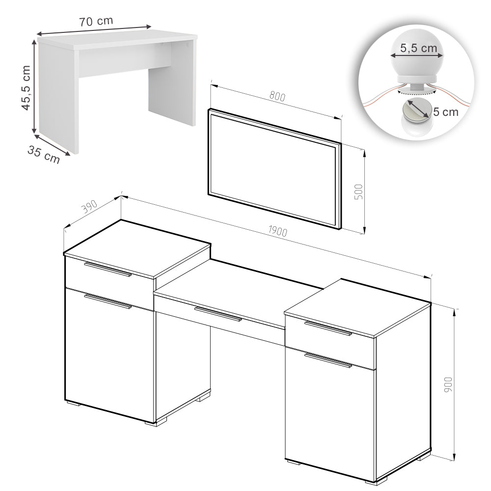 Vicco Tavolo da toeletta Bianco 190 cm con illuminazione a LED e panca