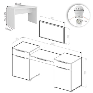 Vicco Tavolo da toeletta Bianco 190 cm con illuminazione a LED e panca