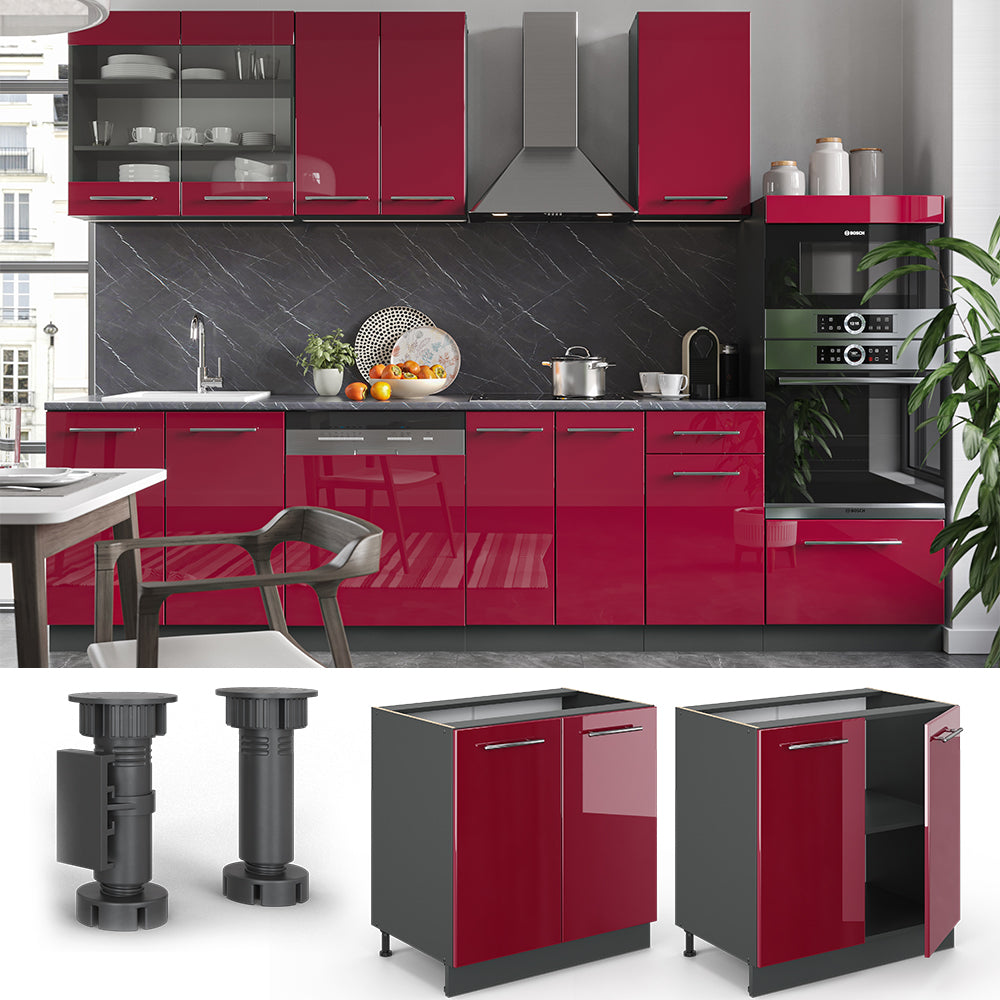 Vicco Mobile lavello cucina Rosso bordeaux lucido 80 cm con ripiano, PL Marmo
