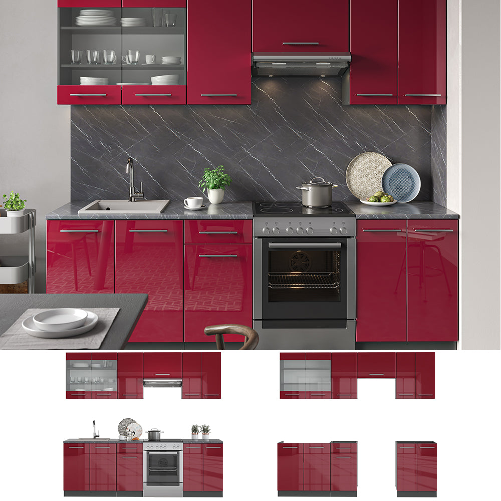 Vicco Armadi da cucina Rosso bordeaux lucido 240 cm senza piano di lavoro