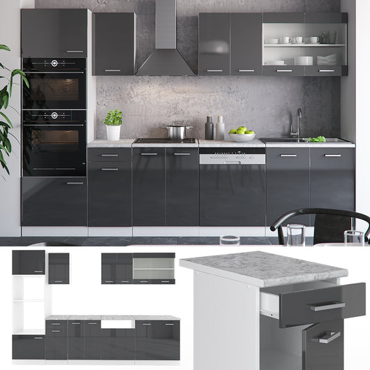 Vicco Cucina componibile Antracite lucido/bianco 300 cm con armadio alto, PL Antracite
