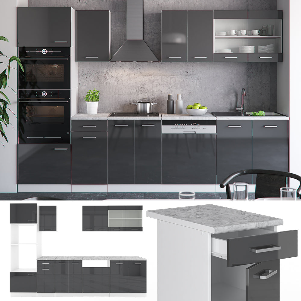 Vicco Cucina componibile Antracite lucido/bianco 300 cm con armadio alto, PL Marmo