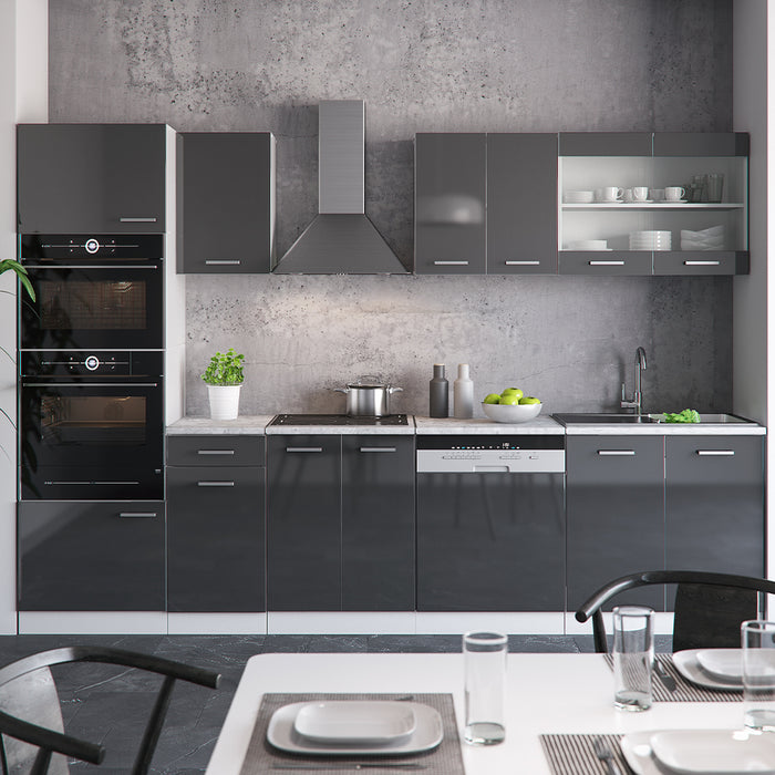 Vicco Cucina componibile Antracite lucido/bianco 300 cm con armadio alto, PL Marmo