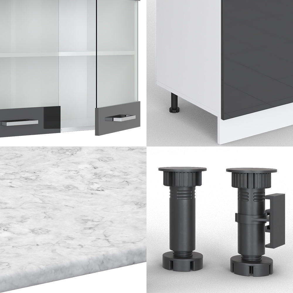 Vicco Cucina componibile Antracite lucido/bianco 300 cm con armadio alto, PL Marmo