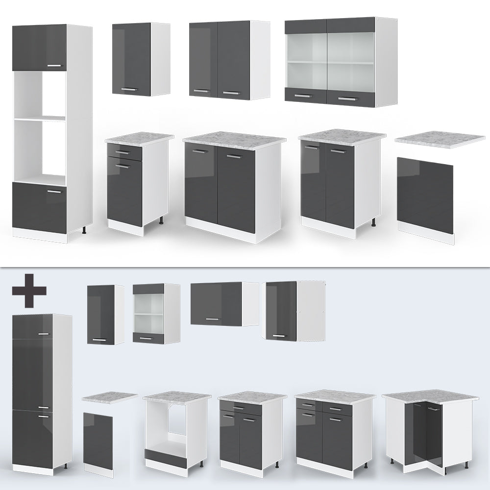 Vicco Cucina componibile Antracite lucido/bianco 300 cm con armadio alto, PL Marmo