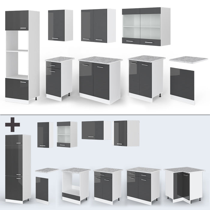 Vicco Cucina componibile Antracite lucido/bianco 300 cm con armadio alto, PL Marmo