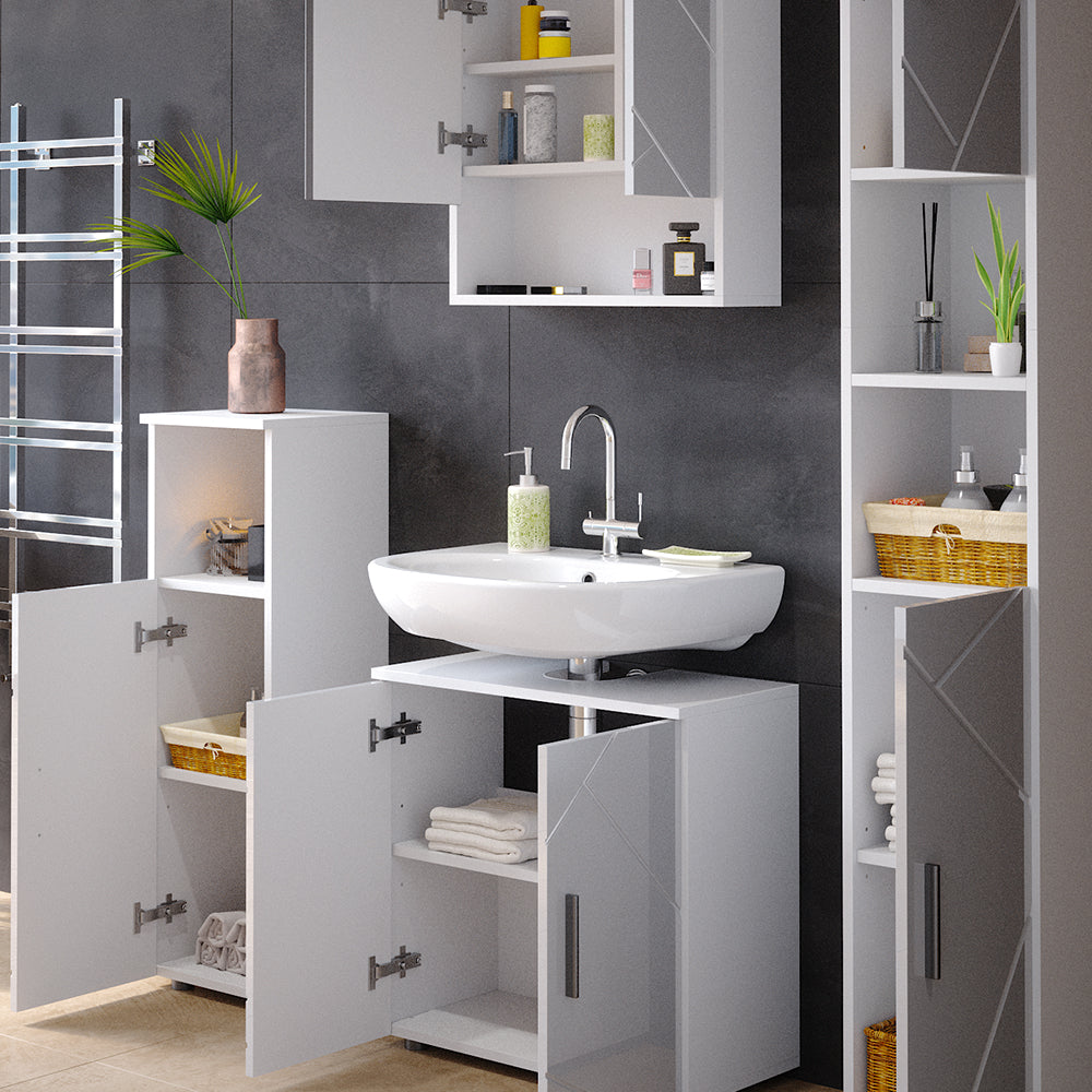 Vicco Set mobili bagno Bianco lucido 4 parti, con armadio alto