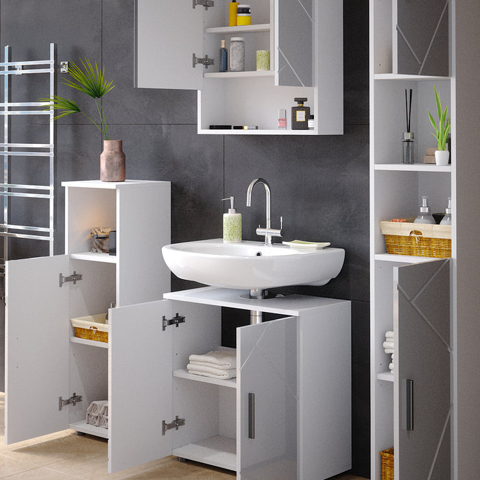 Vicco Set mobili bagno Bianco lucido 4 parti, con armadio alto