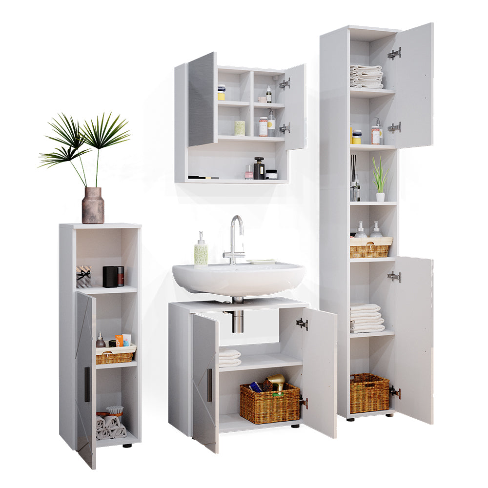 Vicco Set mobili bagno Bianco lucido 4 parti, con armadio alto