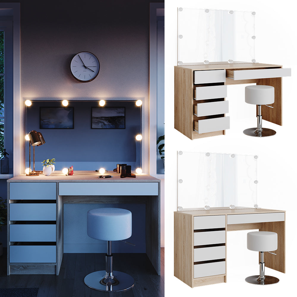 Vicco Tavolo da toeletta Bianco/Sonoma 55 cm con illuminazione a LED e sgabello