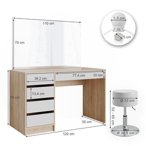 Vicco Tavolo da toeletta Bianco/Sonoma 55 cm con illuminazione a LED e sgabello