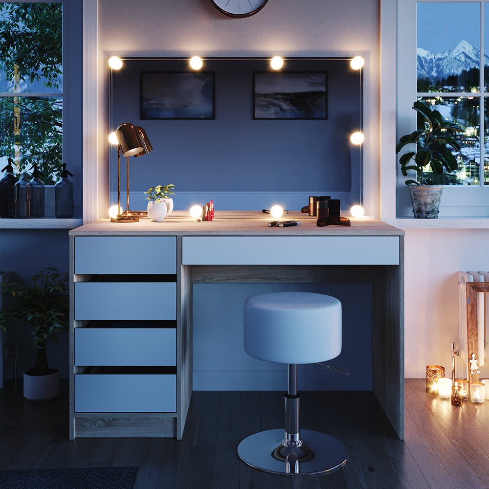 Vicco Tavolo da toeletta Bianco/Sonoma 55 cm con illuminazione a LED e sgabello