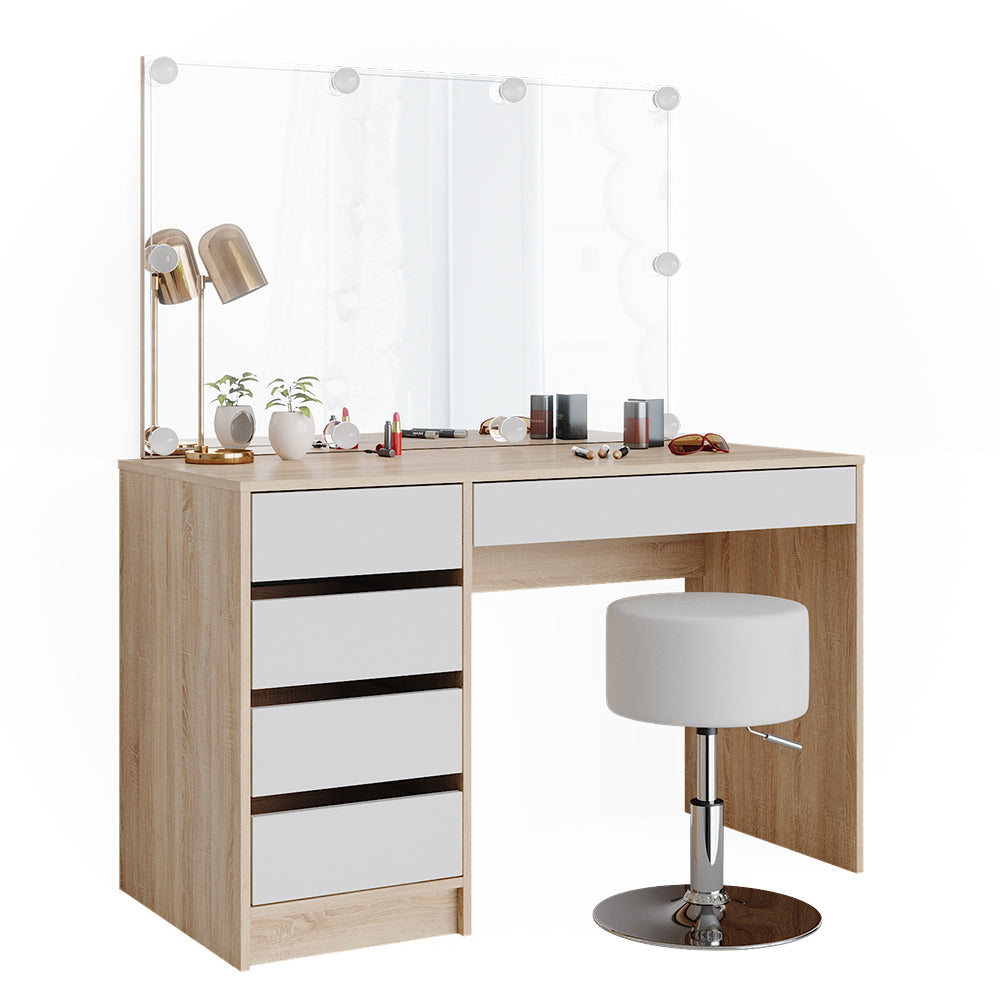 Vicco Tavolo da toeletta Bianco/Sonoma 55 cm con illuminazione a LED e sgabello