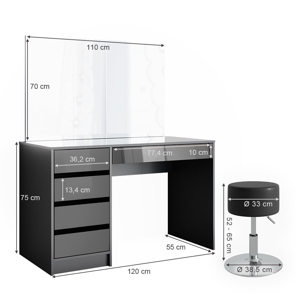 Vicco Tavolo da toeletta Antracite 55 cm con sgabello
