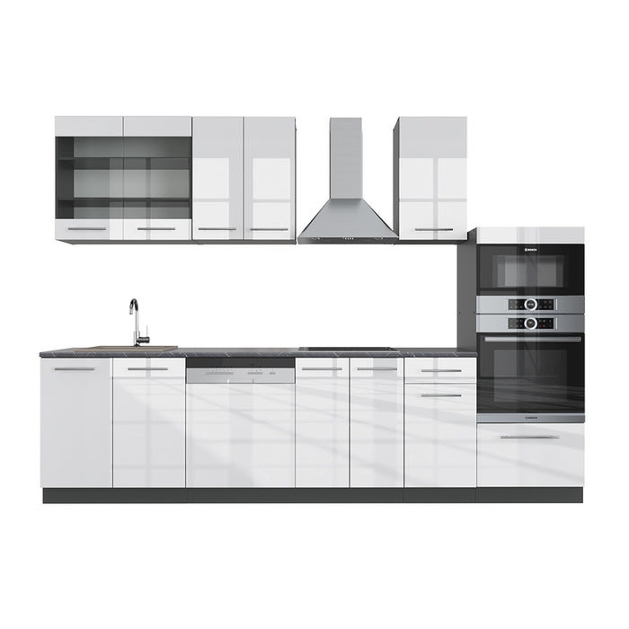 Vicco Cucina componibile Bianco lucido/antracite 300 cm con armadio alto, senza piano di lavoro