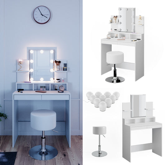 Vicco Tavolo da toeletta Bianco 80 cm con illuminazione LED e sgabello