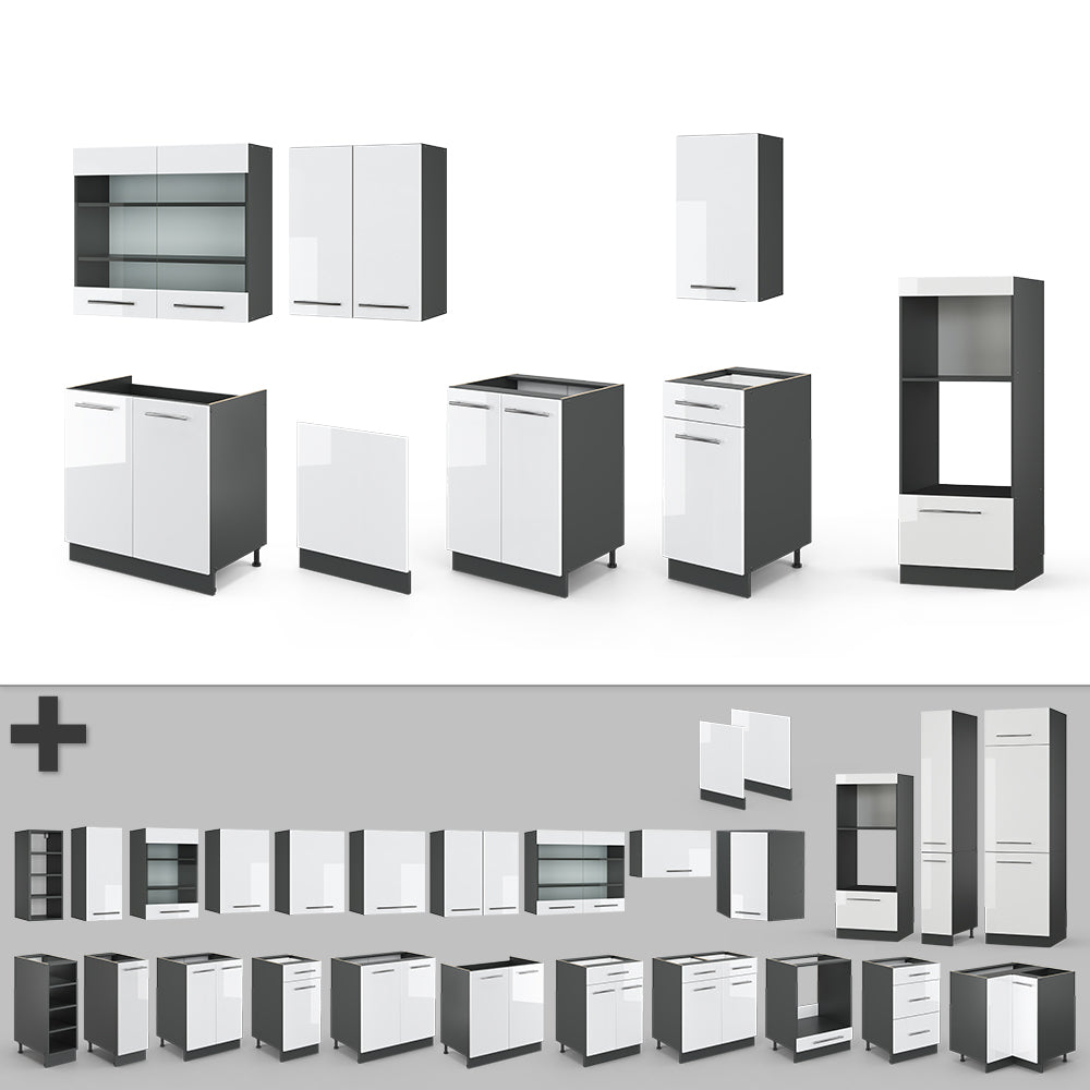 Vicco Cucina componibile Bianco lucido/antracite 300 cm con armadio alto, PL Antracite