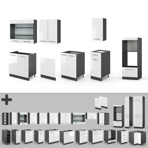 Vicco Cucina componibile Bianco lucido/antracite 300 cm con armadio alto, PL Marmo