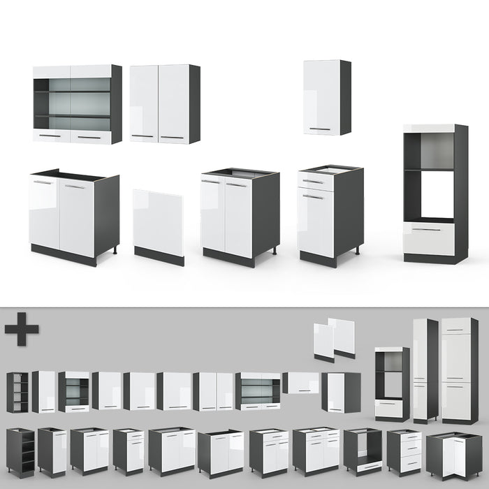 Vicco Cucina componibile Bianco lucido/antracite 300 cm con armadio alto, senza piano di lavoro