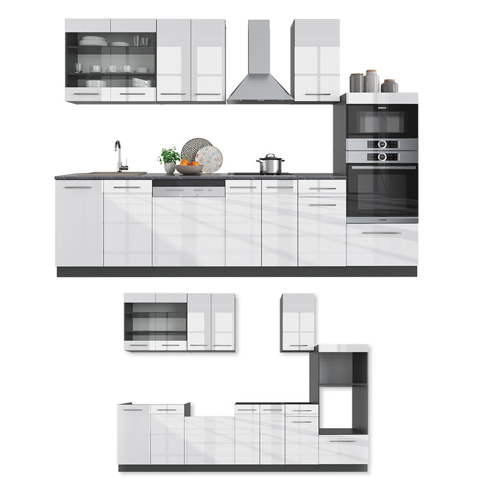 Vicco Cucina componibile Bianco lucido/antracite 300 cm con armadio alto, PL Rovere