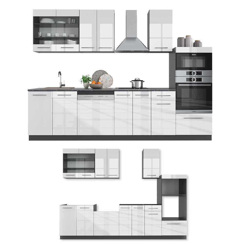 Vicco Cucina componibile Bianco lucido/antracite 300 cm con armadio alto, PL Marmo