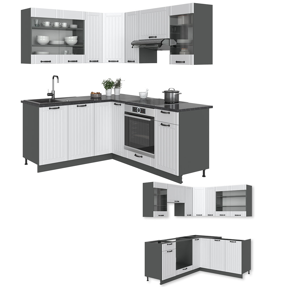 Vicco Cucina angolare completa Bianco casa di campagna/antracite 160 x 60 cm senza piano di lavoro