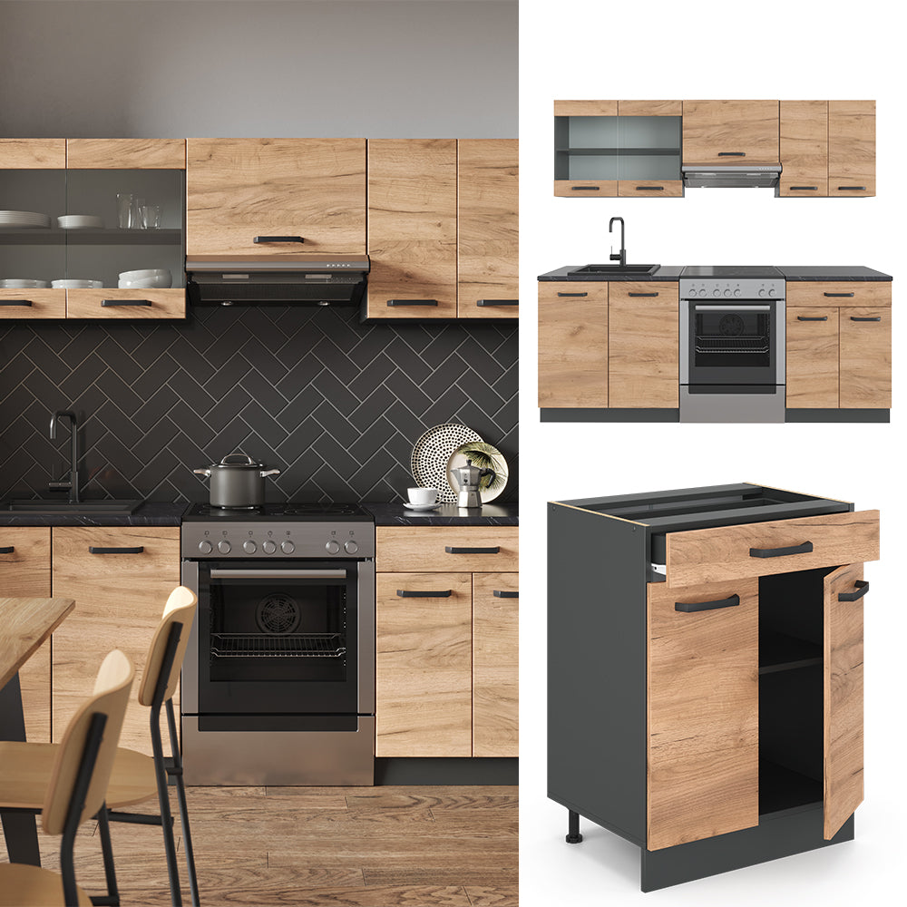 Vicco Cucina componibile Quercia dorata/antracite 200 cm senza piano di lavoro