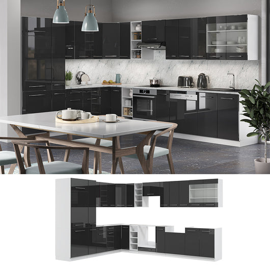 Vicco Cucina angolare completa Antracite lucido/bianco 347 x 257 cm senza piano di lavoro
