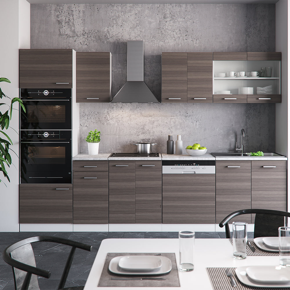 Vicco Cucina componibile Grigio prezioso/bianco 300 cm con armadio alto, PL Rovere