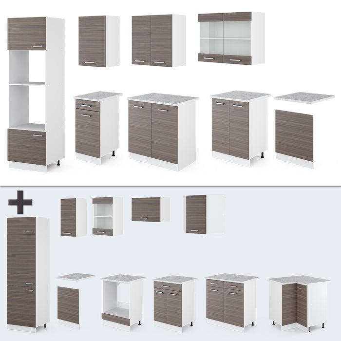 Vicco Cucina componibile Grigio prezioso/bianco 300 cm con armadio alto, PL Rovere