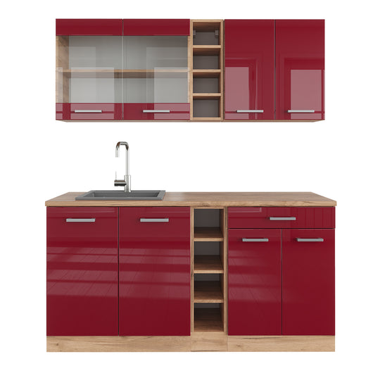Vicco Cucina completa Rosso lucido/rovere dorato 160 cm senza piano di lavoro