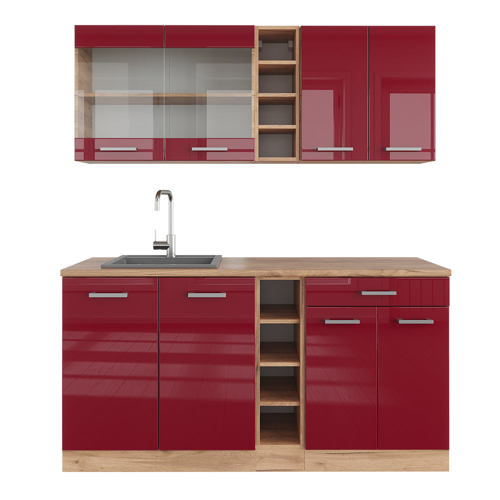 Vicco Cucina completa Rosso lucido/rovere dorato 160 cm , PL Rovere