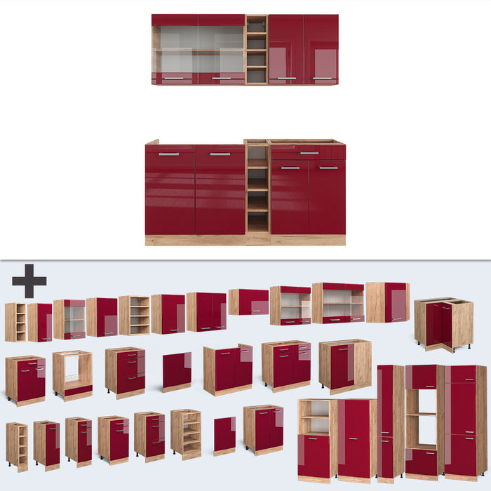 Vicco Cucina completa Rosso lucido/rovere dorato 160 cm senza piano di lavoro