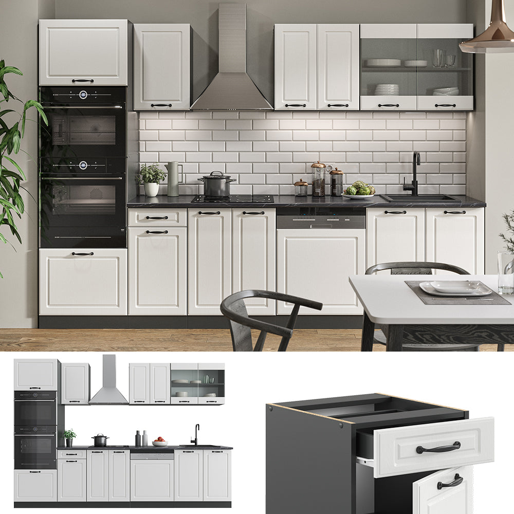 Vicco Cucina componibile Bianco casa di campagna/antracite 300 cm con armadio alto, PL Antracite