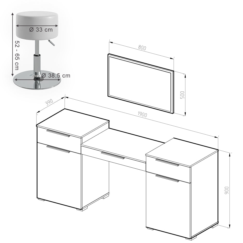 Vicco Tavolo da toeletta Bianco 190 cm con sgabello