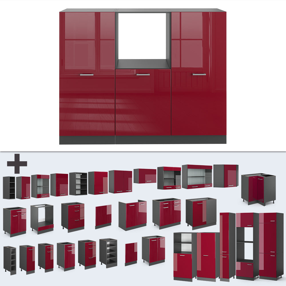 Vicco Cucine componibili piccole Rosso lucido/antracite 180 cm senza piano di lavoro