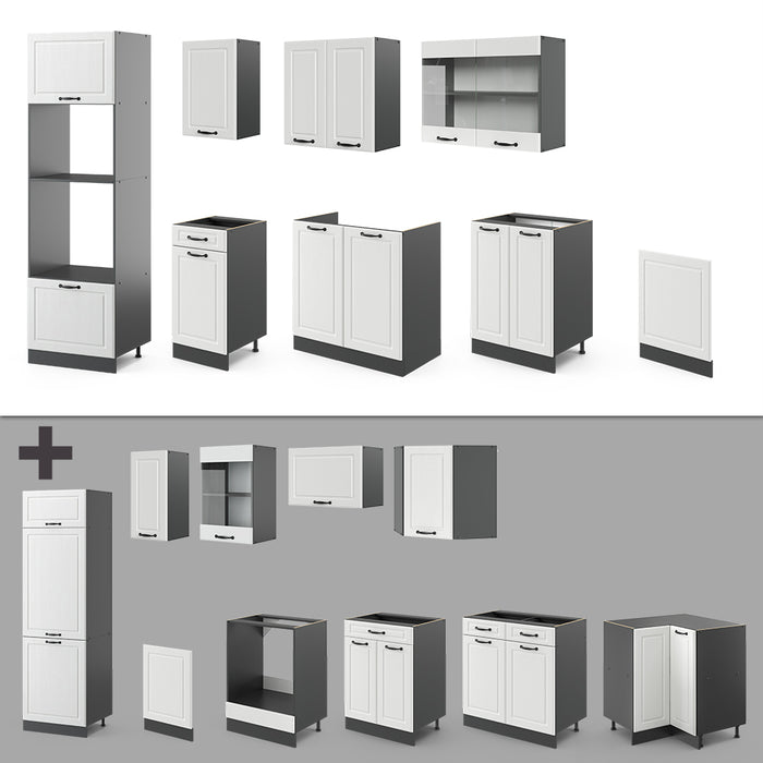 Vicco Cucina componibile Bianco casa di campagna/antracite 300 cm con armadio alto, PL Antracite