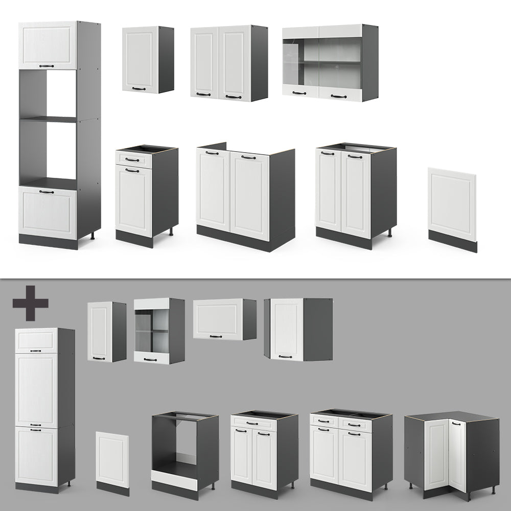 Vicco Cucina componibile Bianco casa di campagna/antracite 300 cm con armadio alto, PL Marmo