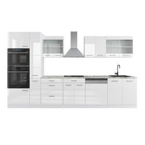 Vicco Cucina componibile Bianco lucido/bianco 350 cm con armadio alto, PL Marmo
